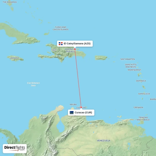 El Catey/Samana - Curacao direct flight map