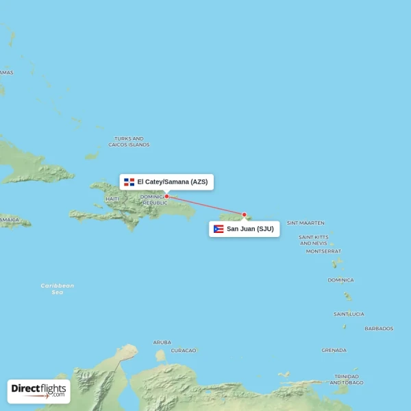 El Catey/Samana - San Juan direct flight map