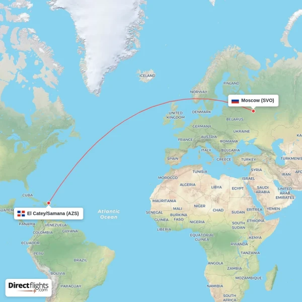 El Catey/Samana - Moscow direct flight map