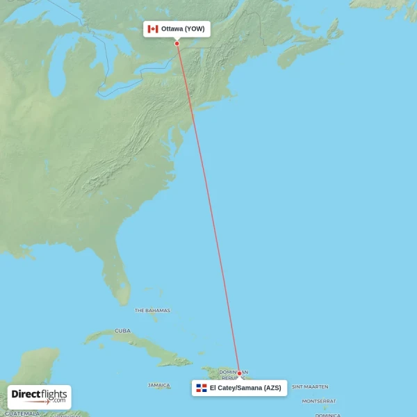 El Catey/Samana - Ottawa direct flight map