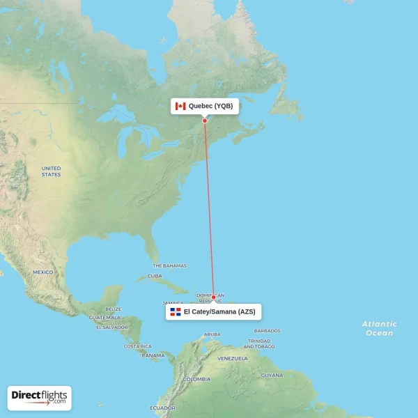 El Catey/Samana - Quebec direct flight map