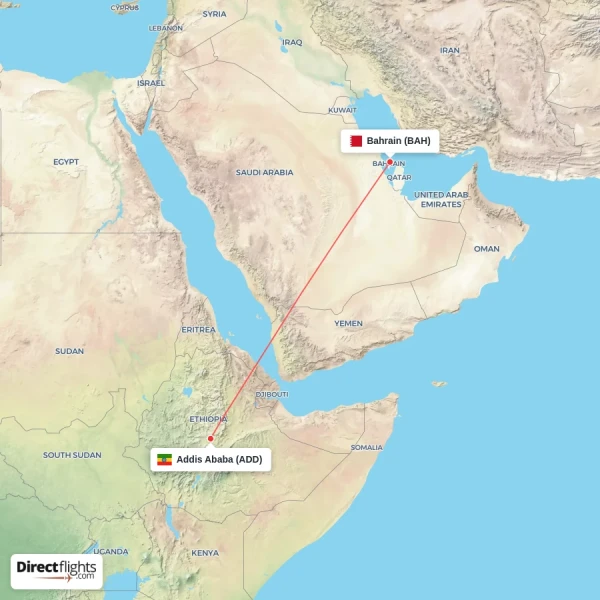 Bahrain - Addis Ababa direct flight map