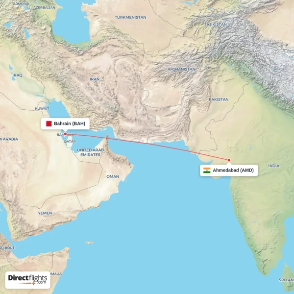 Bahrain - Ahmedabad direct flight map