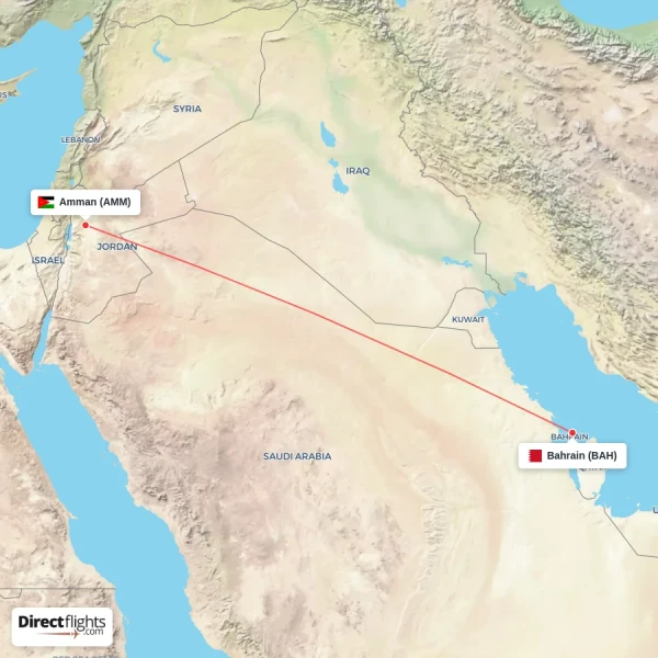 Bahrain - Amman direct flight map