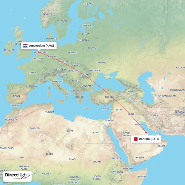 Bahrain - Amsterdam direct flight map
