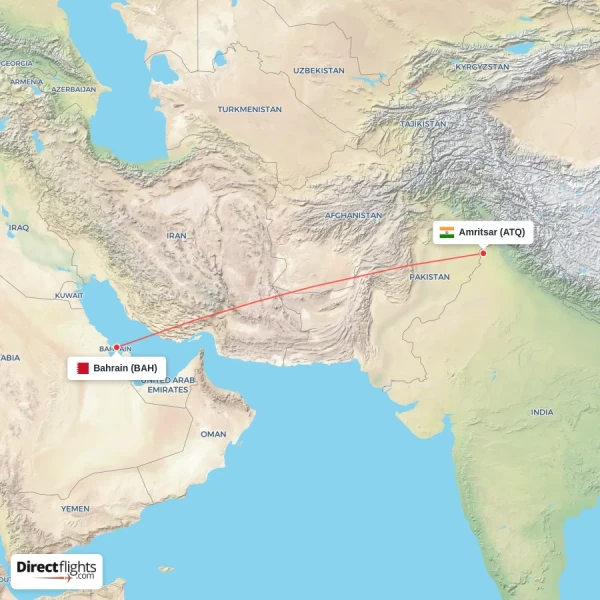 Bahrain - Amritsar direct flight map