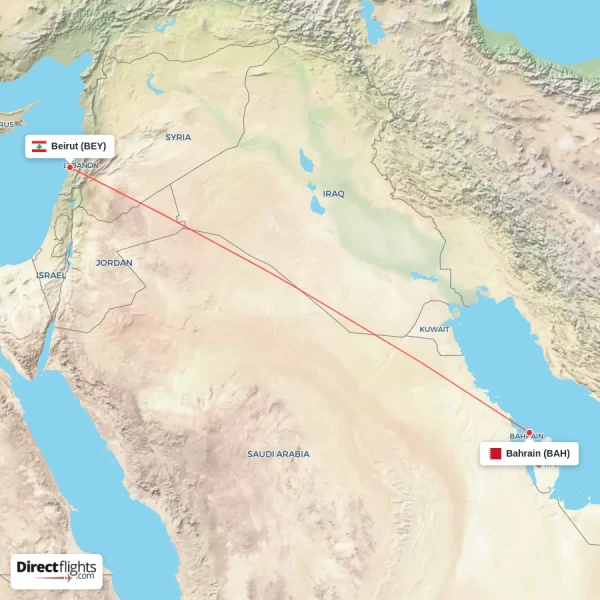 Bahrain - Beirut direct flight map