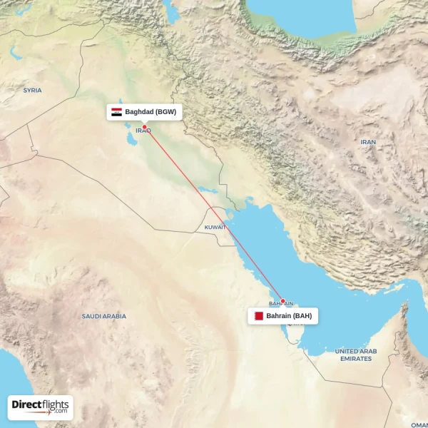 Bahrain - Baghdad direct flight map