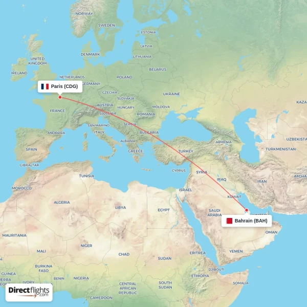 Bahrain - Paris direct flight map