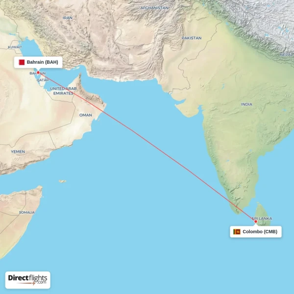 Bahrain - Colombo direct flight map