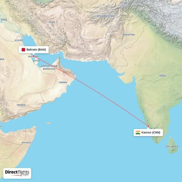 Bahrain - Kannur direct flight map