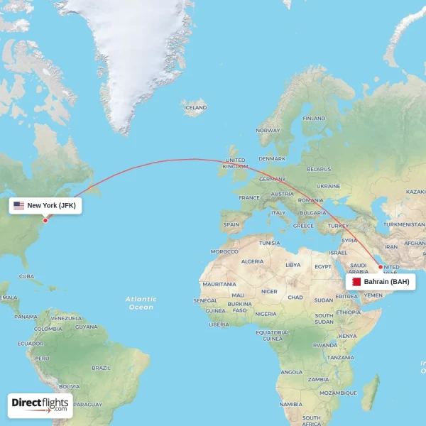 Bahrain - New York direct flight map