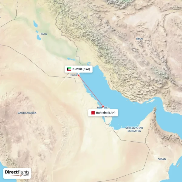 Bahrain - Kuwait direct flight map