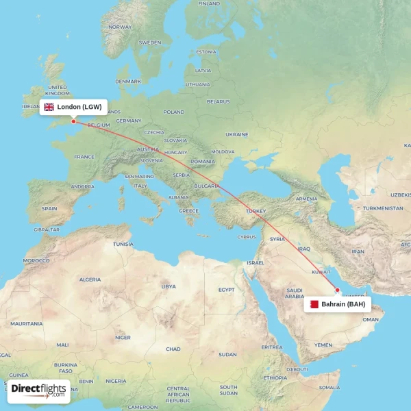 Bahrain - London direct flight map