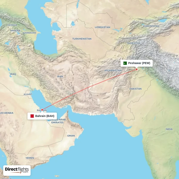 Bahrain - Peshawar direct flight map