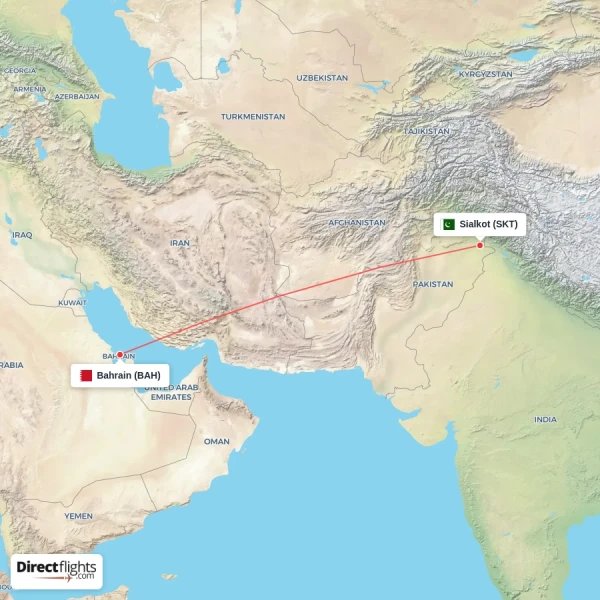 Bahrain - Sialkot direct flight map