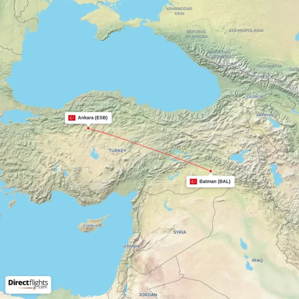 Batman - Ankara direct flight map