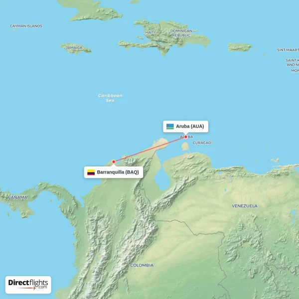 Barranquilla - Aruba direct flight map