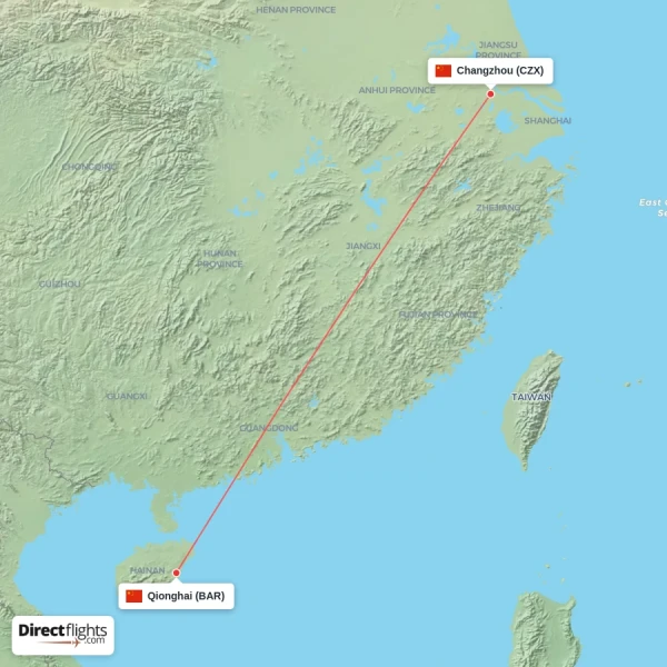 Qionghai - Changzhou direct flight map