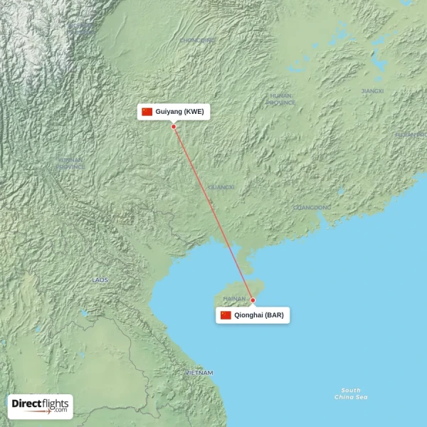 Qionghai - Guiyang direct flight map