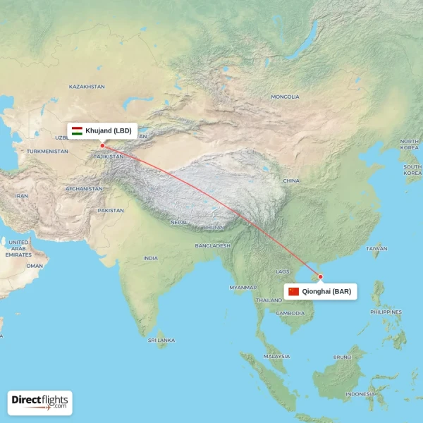 Qionghai - Khujand direct flight map