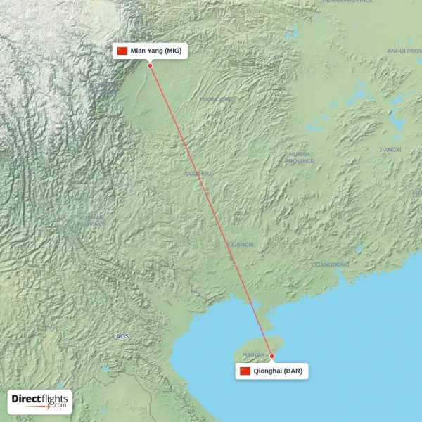 Qionghai - Mian Yang direct flight map
