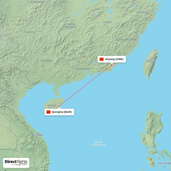 Qionghai - Jieyang direct flight map