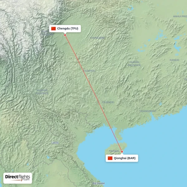 Qionghai - Chengdu direct flight map