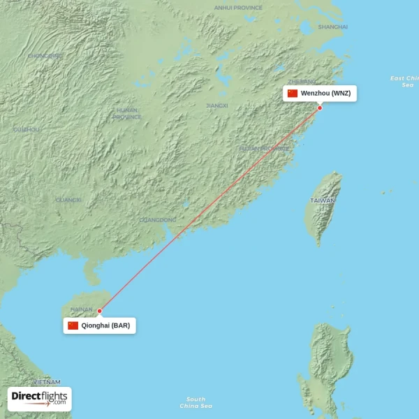 Qionghai - Wenzhou direct flight map