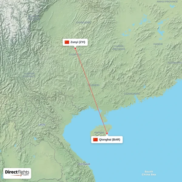 Qionghai - Zunyi direct flight map