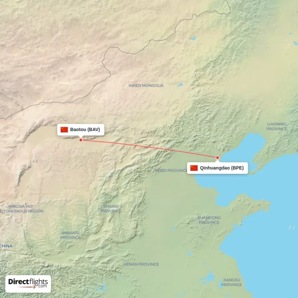 Baotou - Qinhuangdao direct flight map