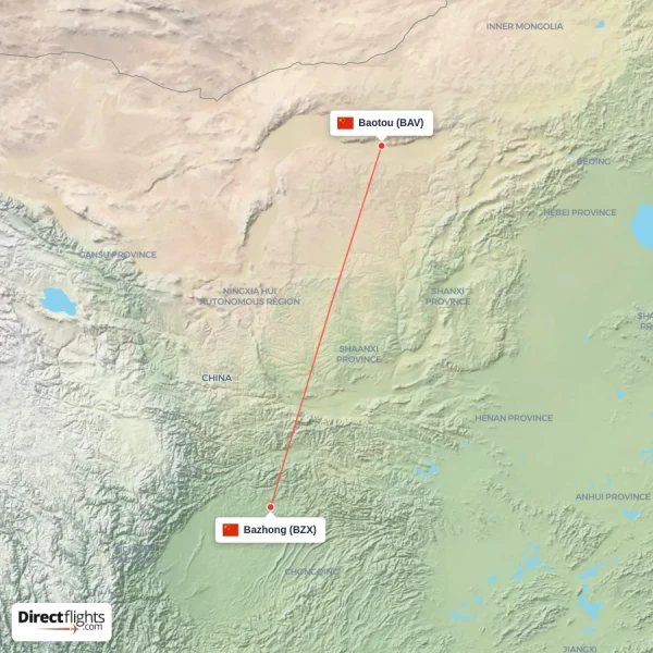 Baotou - Bazhong direct flight map