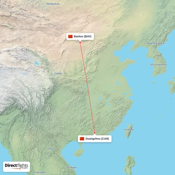Baotou - Guangzhou direct flight map