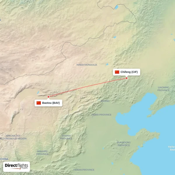 Baotou - Chifeng direct flight map