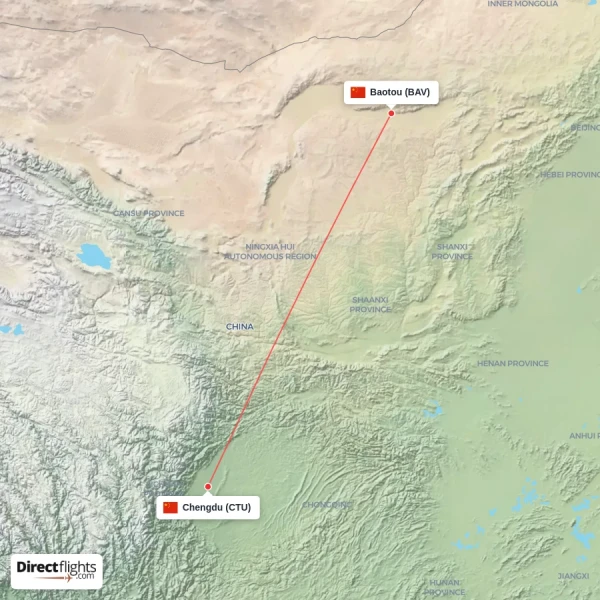 Baotou - Chengdu direct flight map