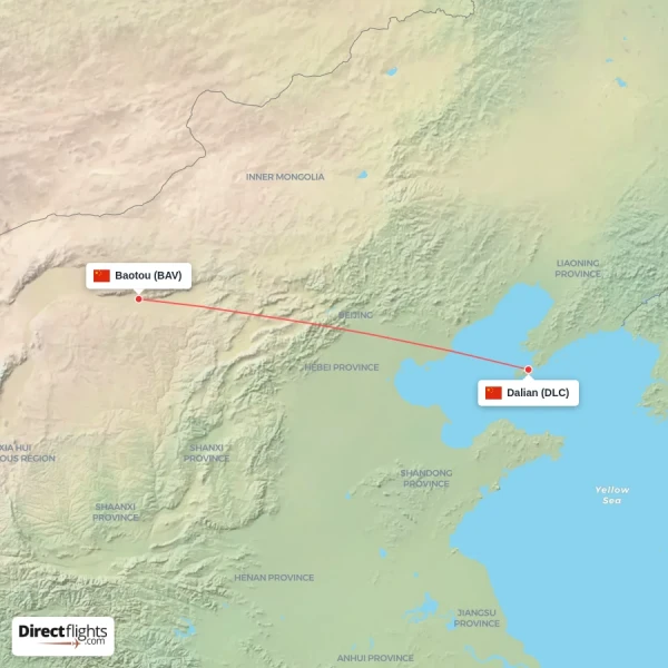 Baotou - Dalian direct flight map