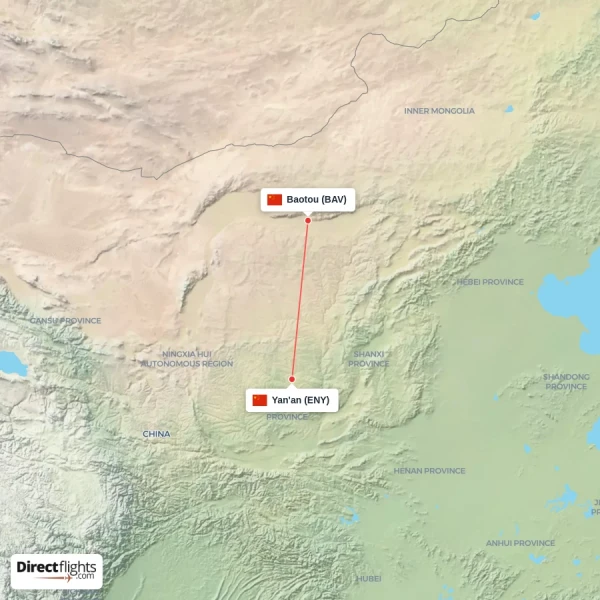 Baotou - Yan'an direct flight map