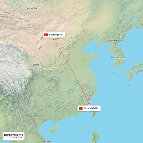 Baotou - Fuzhou direct flight map