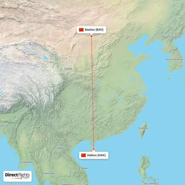 Baotou - Haikou direct flight map