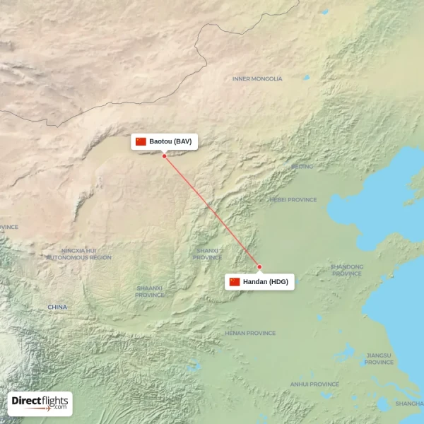 Baotou - Handan direct flight map