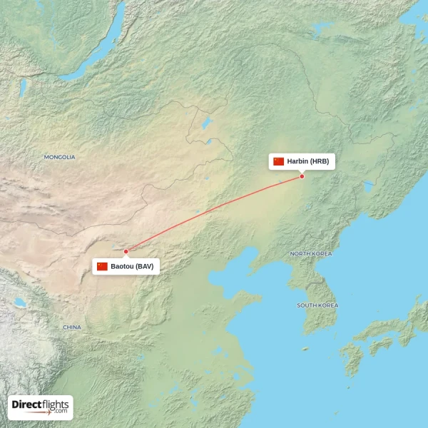 Baotou - Harbin direct flight map