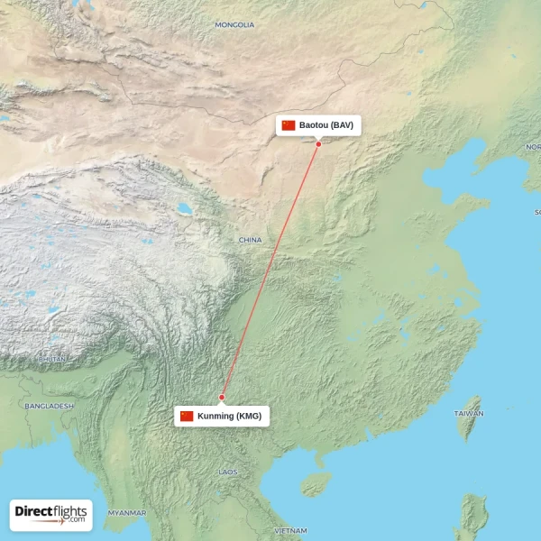 Baotou - Kunming direct flight map