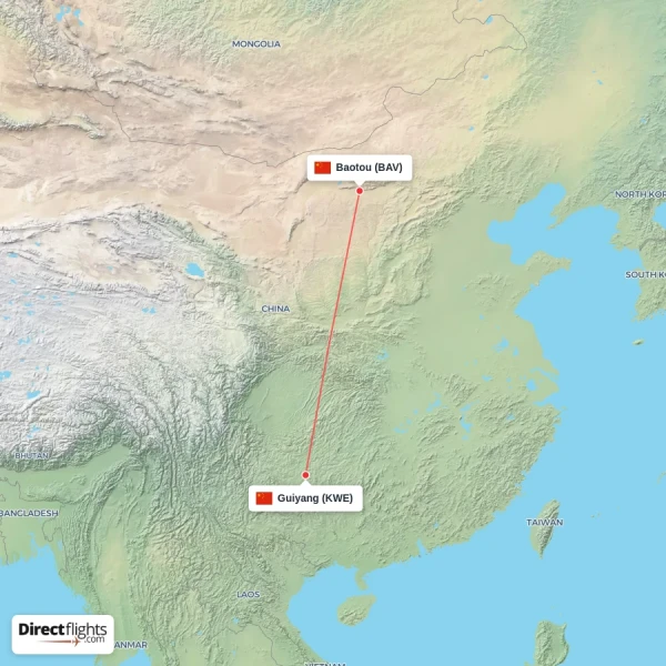Baotou - Guiyang direct flight map