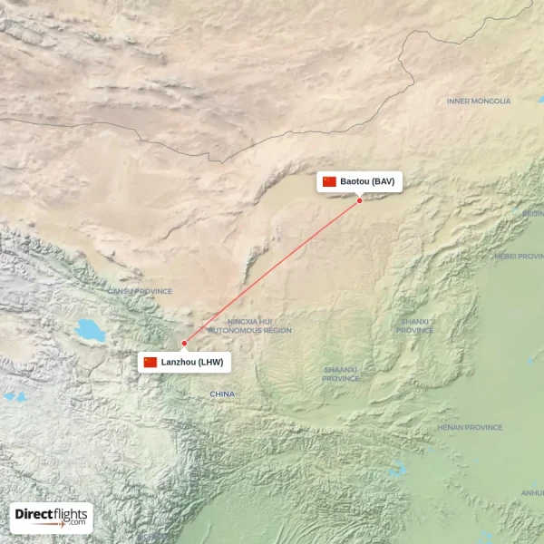 Baotou - Lanzhou direct flight map
