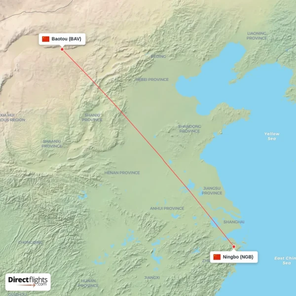 Baotou - Ningbo direct flight map