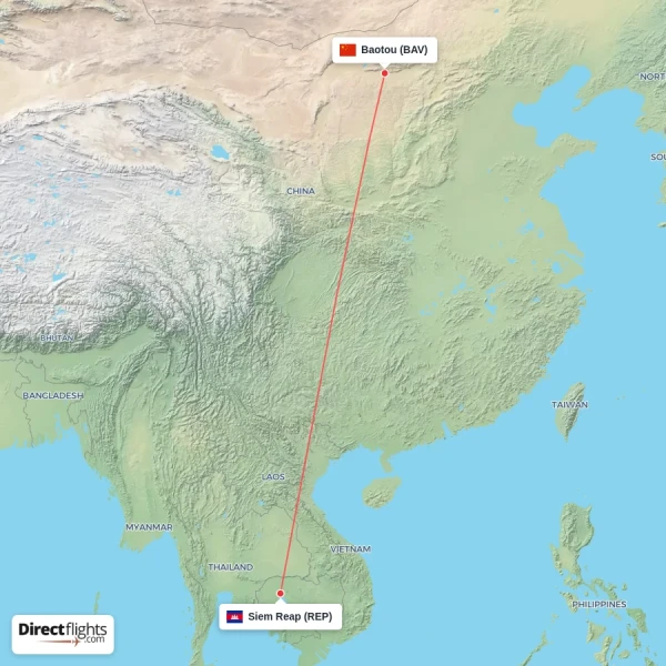 Baotou - Siem Reap direct flight map