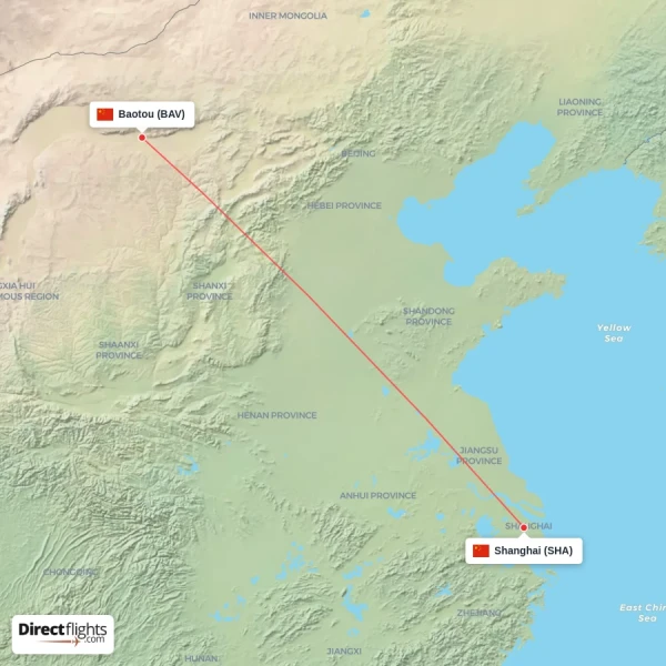 Baotou - Shanghai direct flight map