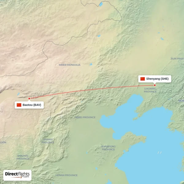 Baotou - Shenyang direct flight map
