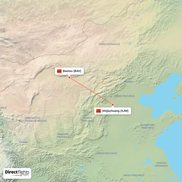 Baotou - Shijiazhuang direct flight map