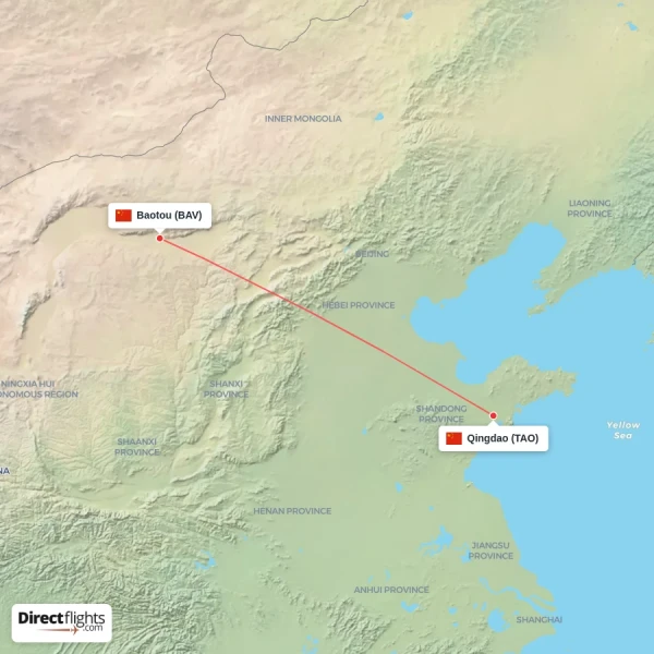 Baotou - Qingdao direct flight map